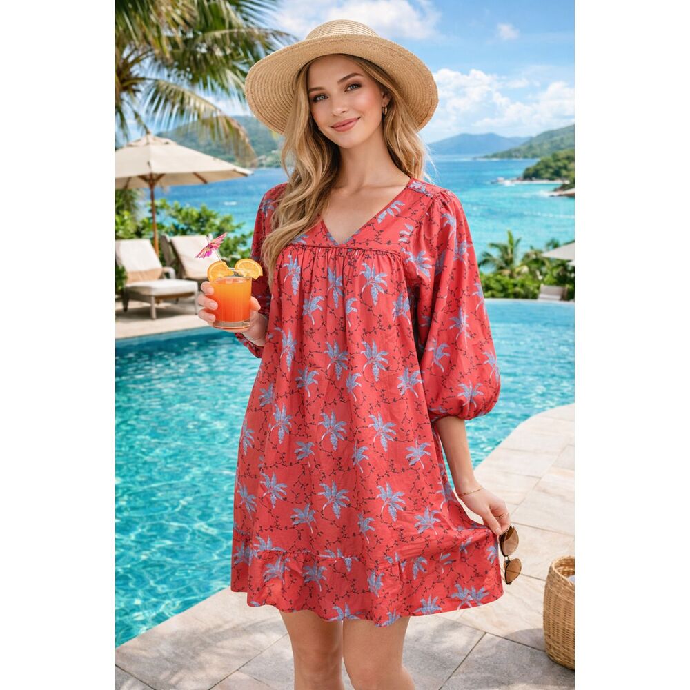 Wrap London Women Size 6 Coral Floral Knee Length Cotton Dress Resort Beach Boho